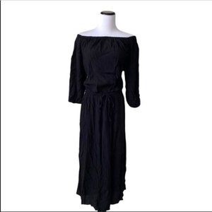 WHO WHAT WEAR Sz XL Black Off Shoulder Stretchy Elastic Drawstring Belt Dress